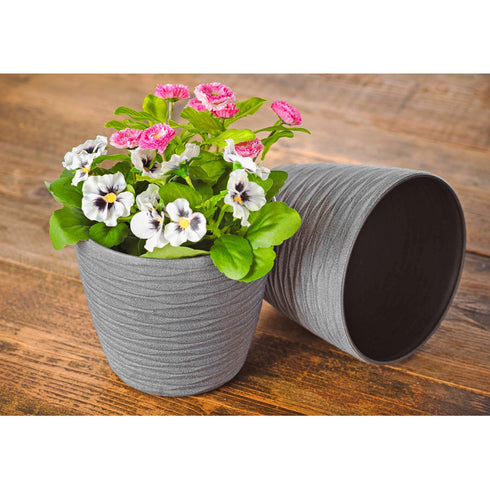 Plastic Plant Pot with Wave Design 18cm Grey - Set of 2